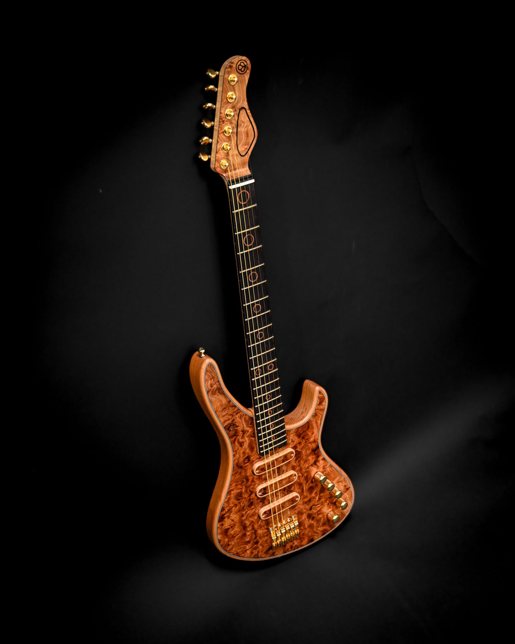 S5 Active - Elm Burl 吉他以一定角度展示，突出了其独特的外形和丰富的木纹。