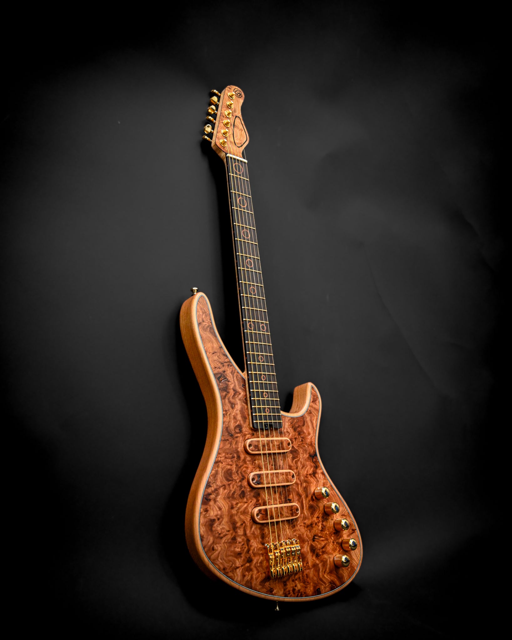 S5 Active - Elm Burl 吉他的艺术角度，突出了抛光表面和金色硬件。