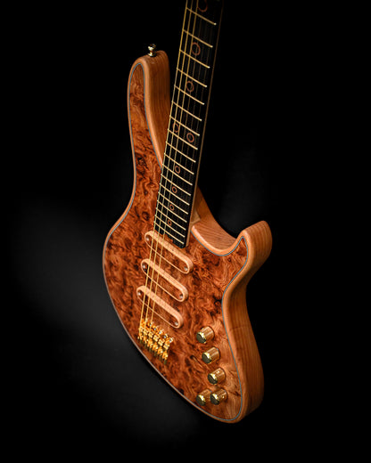 S5 Active - Elm Burl 吉他从一个角度观察，显示出其丰富的纹理和优雅的外形。