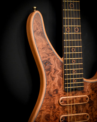 S5 Active - Elm Burl 吉他的琴头细节，强调了调音键和标识。