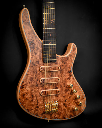 S5 Active - Elm Burl 吉他指板细节，显示标记和琴弦排列。