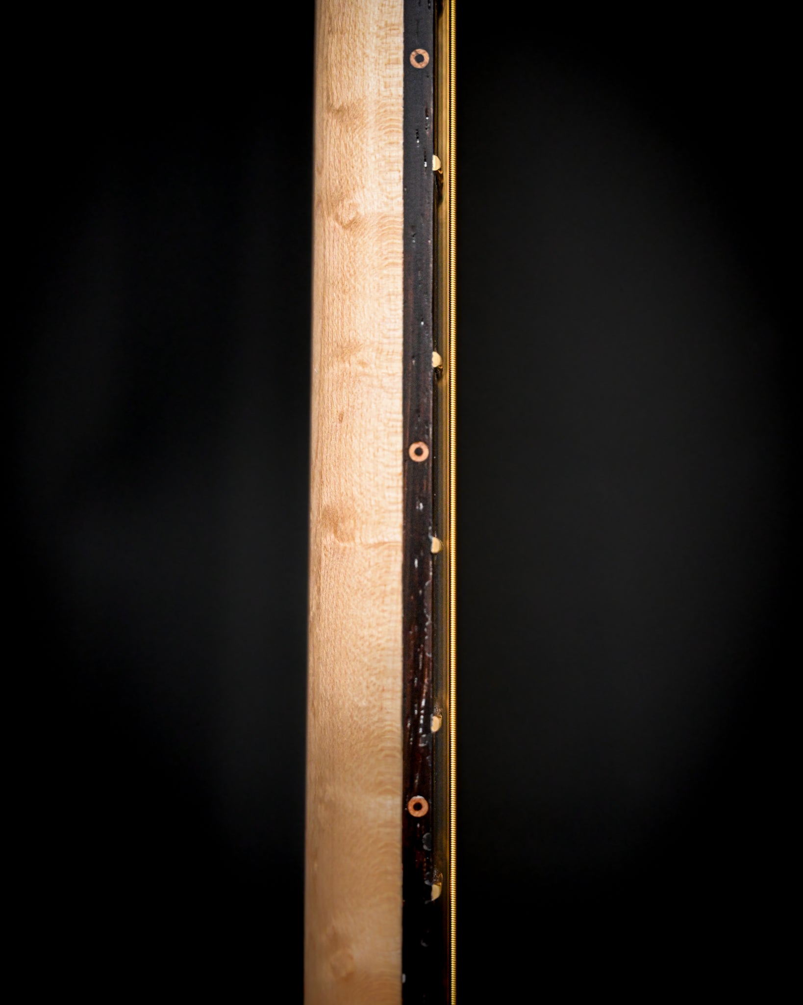 S5 Active - Elm Burl 吉他从侧面展示，凸显其优雅的轮廓和精湛的工艺。