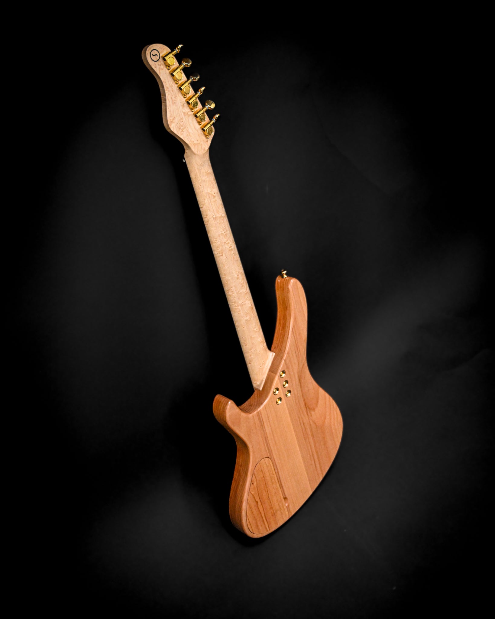 S5 Active - Elm Burl 吉他的琴身背面照片，重点展示制作工艺和木材选择。
